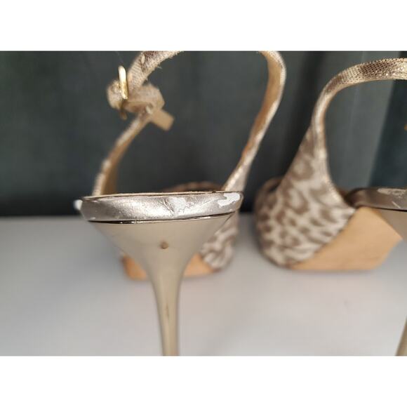 $695 JIMMY CHOO Nova Gold Leopard Shimmer Slingback Open Toe 4" Heels EU 37 US 7 - Picture 8 of 12